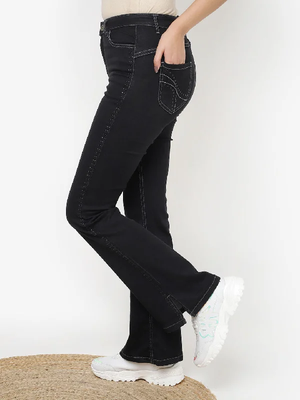 Black Bootcut Jeans Pant for Women with Stone Work on Sides