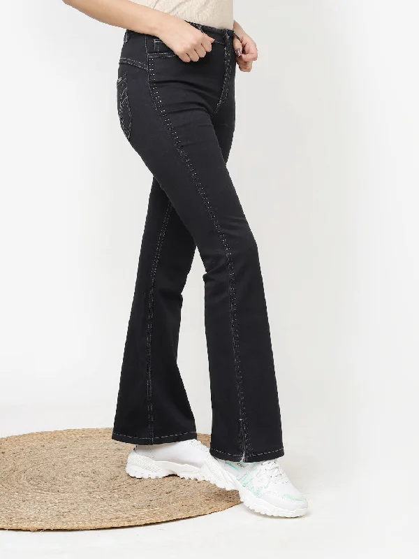 Black Bootcut Jeans Pant for Women with Stone Work on Sides