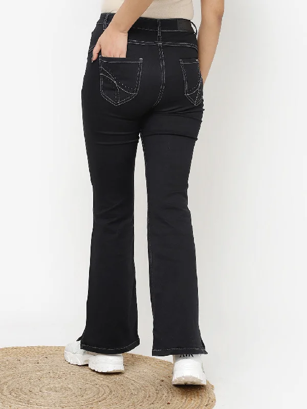 Black Bootcut Jeans Pant for Women with Stone Work on Sides