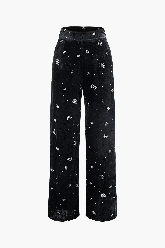 High Waist Velvet Snowflake Pattern Straight Leg Pants