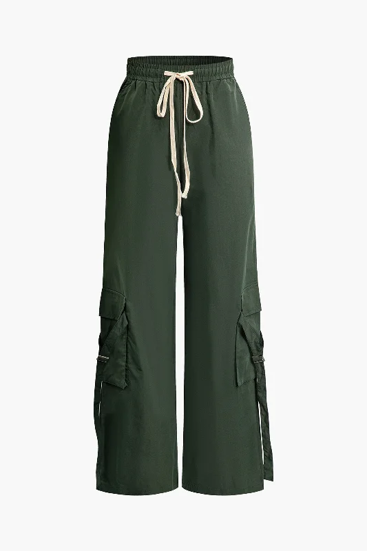 Drawstring Waist Flap Pocket Straight Leg Cargo Pants