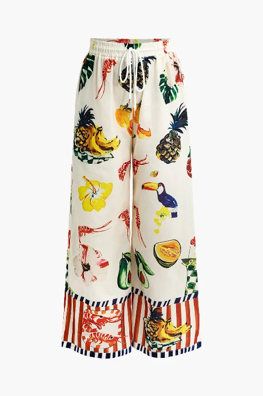 Tropical Print Drawstring Wide Leg Pants