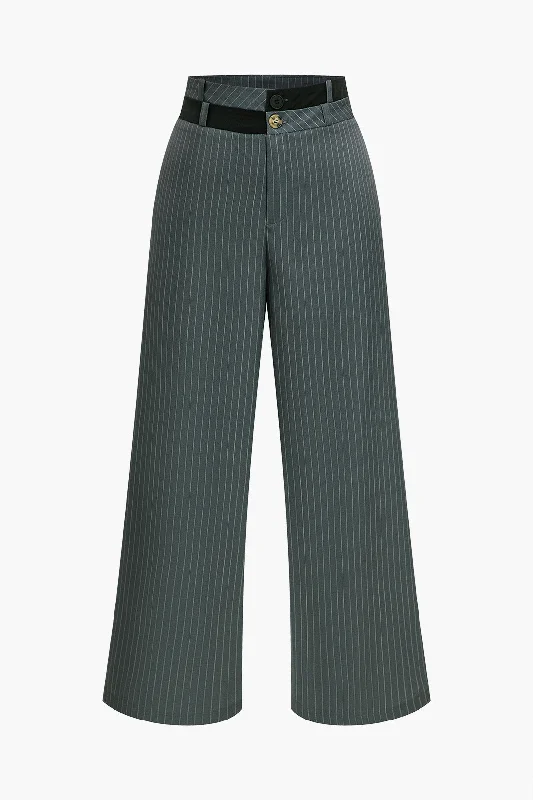 Stripe Print Double Waistband Color Block Trousers