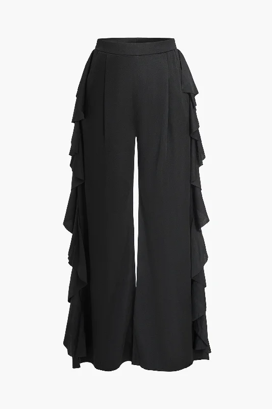 Solid Ruffle High Waist Trousers